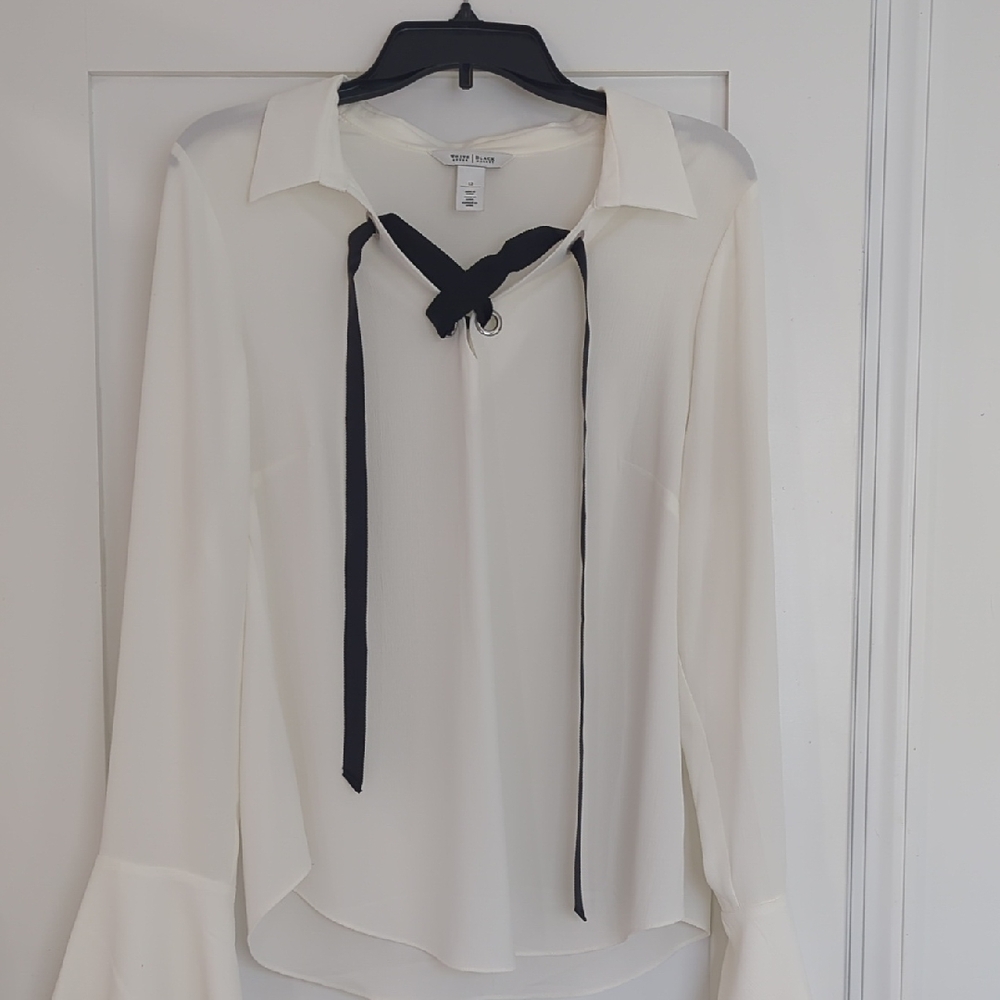 White House Black Market White Blouse with Black Tie Accent